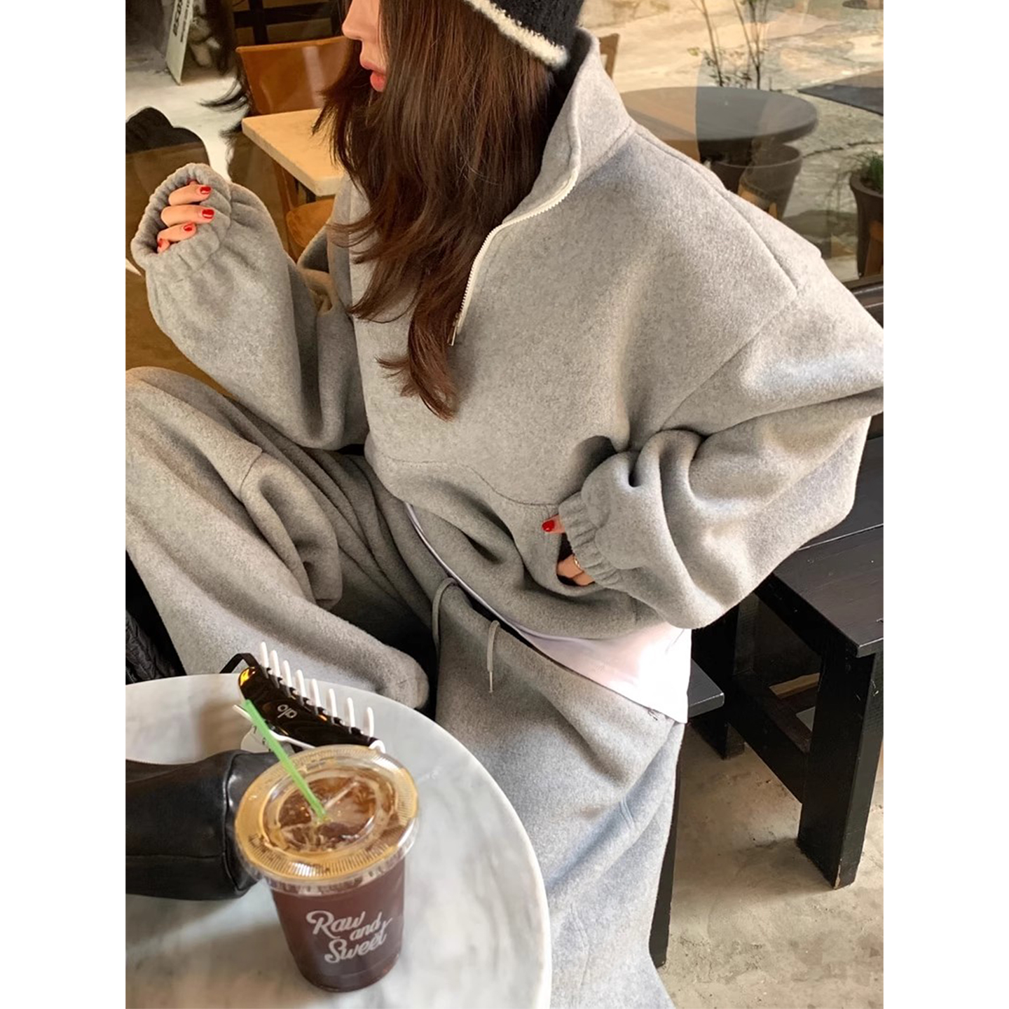 半拉链短款加绒卫衣外套休闲长裤