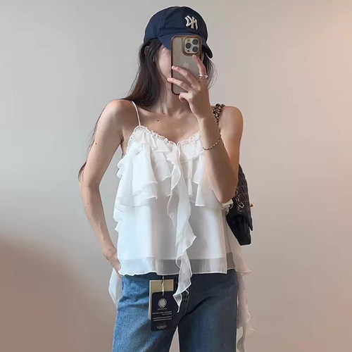 不规则层次纯色荷叶花边V领吊带
