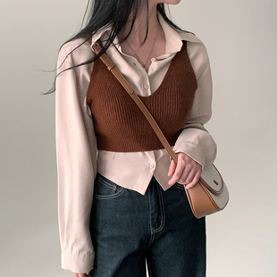 显瘦叠穿针织短款 百搭V领修身 吊带背心上衣女 新款 韩国chic秋季
