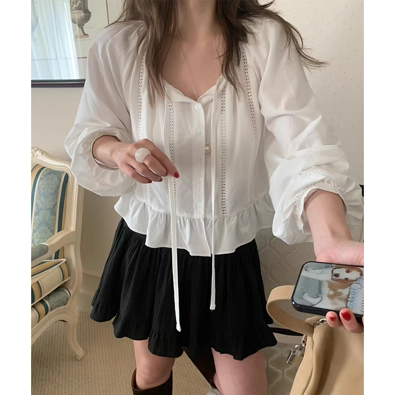 镂空提花宽松拼接荷叶边长袖衬衫