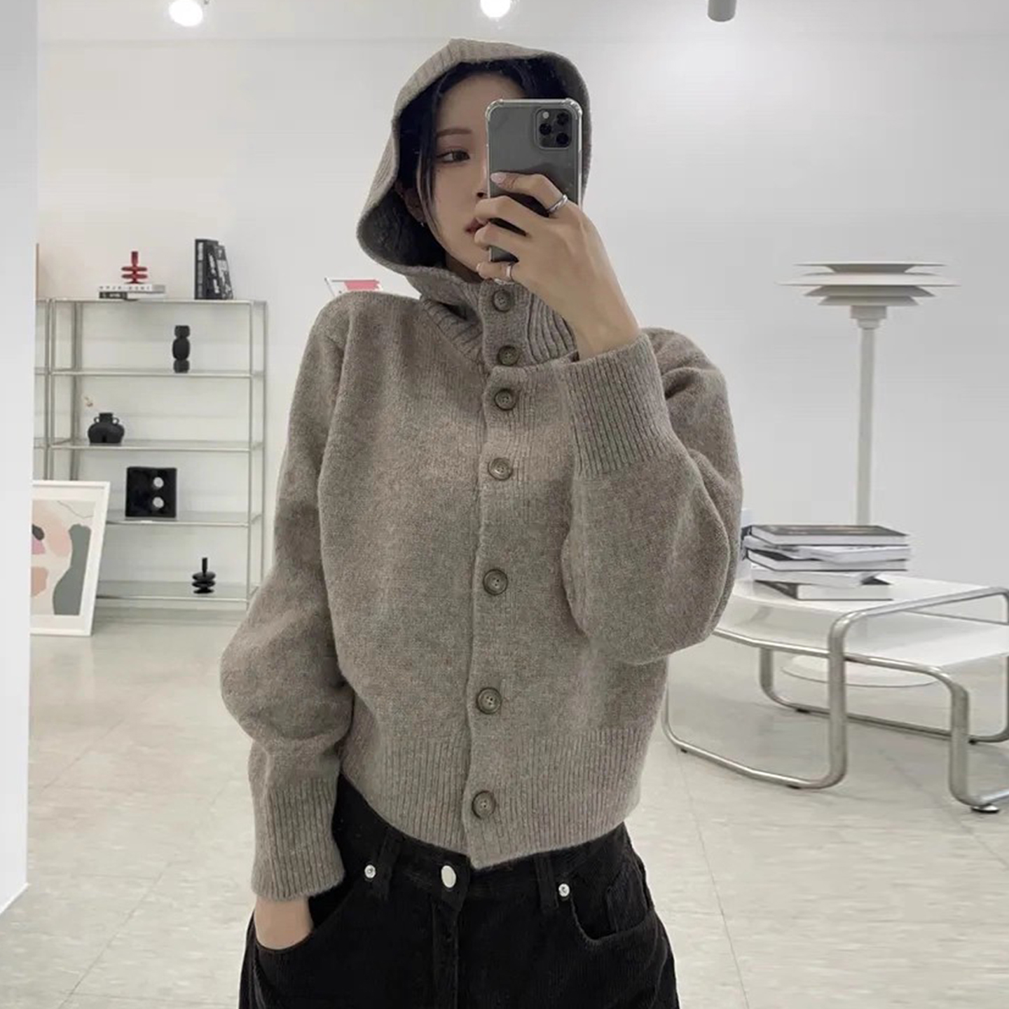 慵懒风单排扣连帽针织开衫外套