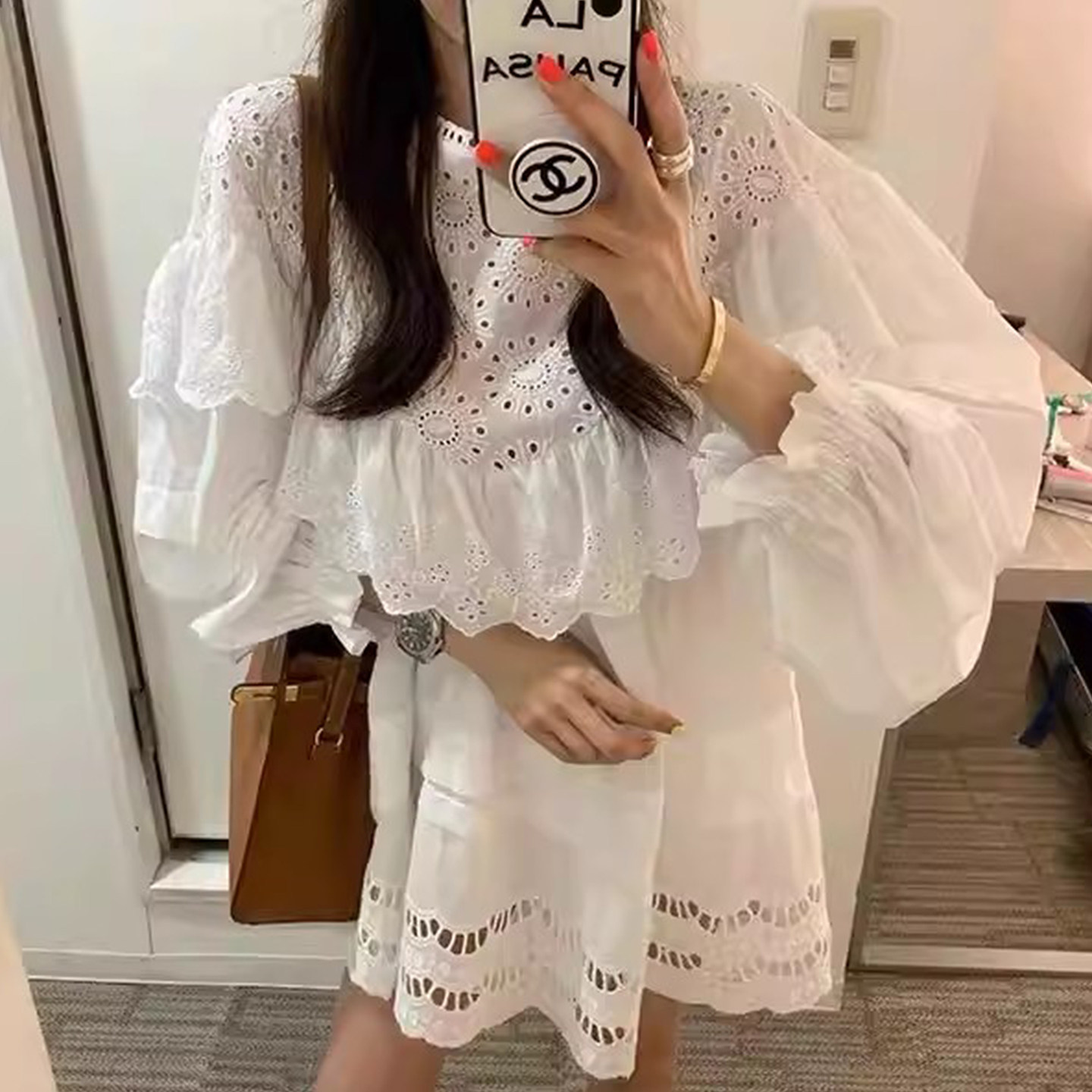 良良家 春季新款甜美重工蕾丝镂空拼接荷叶边泡泡袖连衣裙短裙女