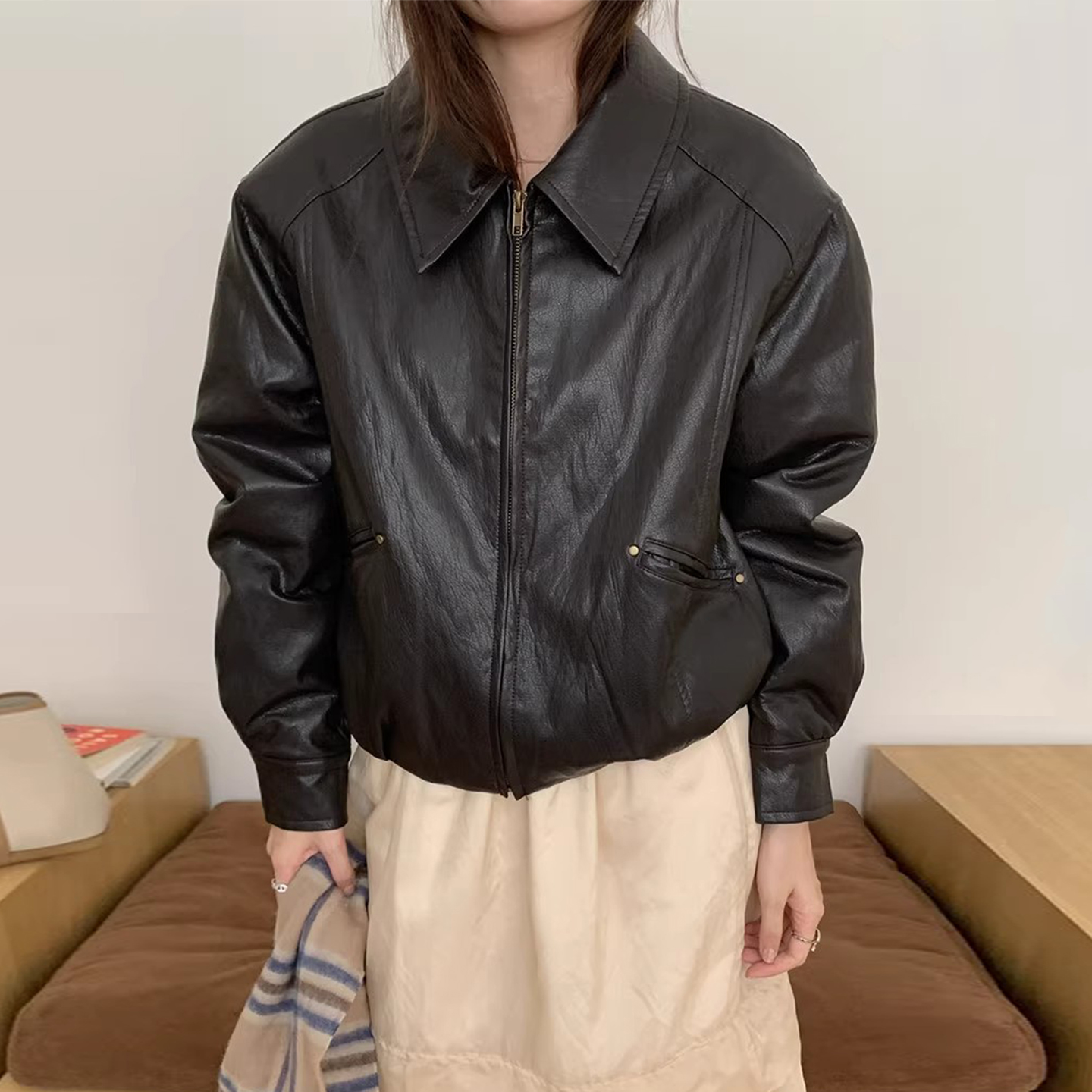 小众帅气翻领PU皮衣机车服短外套