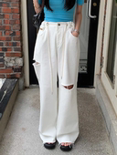 女 长裤 韩国chic夏季 复古百搭高腰抽褶系带破洞设计宽松阔腿牛仔裤
