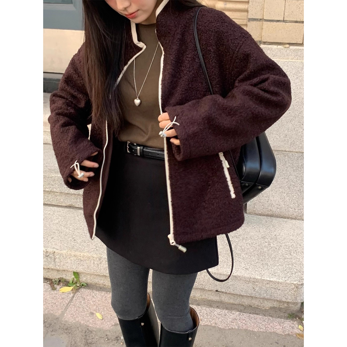 复古拼色圈圈毛呢外套女