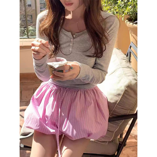 百搭撞色竖条纹灯笼裤短裤裙裤