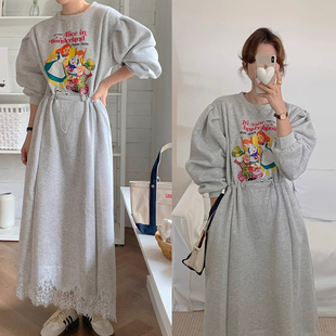 韩国chic秋冬可爱减龄卡通印花抽褶收腰显瘦拼接蕾丝卫衣连衣裙女