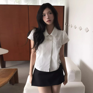 新款 女夏季 复古娃娃领休闲上衣 衬衫 良良家日系少女感四粒纽扣短袖