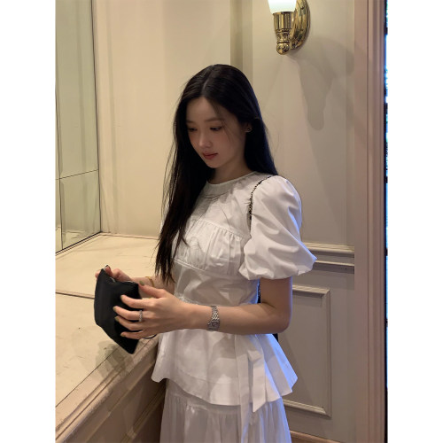 设计感抽绳系带泡泡袖衬衫女