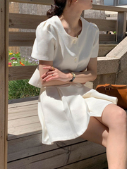 韩系chic夏季法式小香风气质短款外套+高腰显瘦压褶半身裙套装女