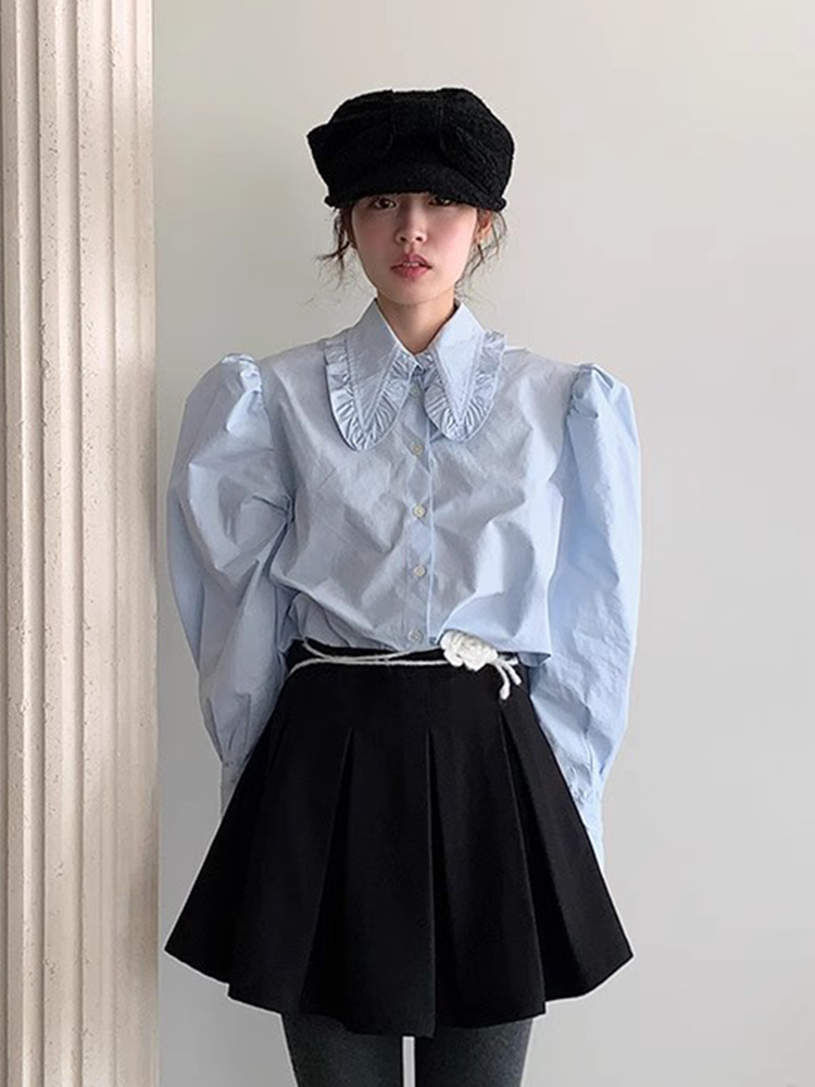 温柔奶蓝娃娃领泡泡袖衬衫女