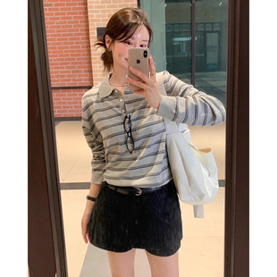 良良家复古polo领松弛感竖条纹针织衫 上衣 女早秋新款 小众百搭长袖