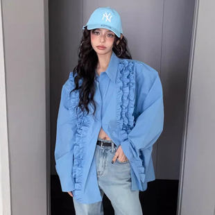 衬衫 韩系克莱因蓝拼接木耳边翻领单排扣长袖 上衣女 新款 良良家春季