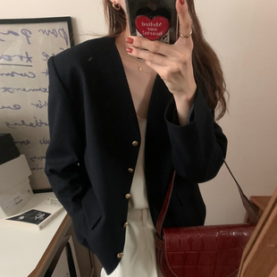 外套女 西装 韩国chic秋季 复古洋气V领重工金属单排扣宽松百搭长袖