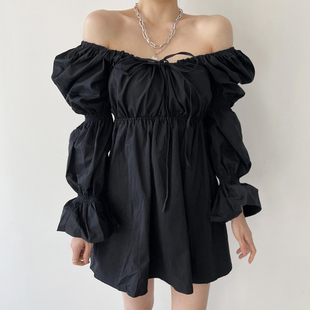 连衣裙女 喇叭袖 韩国chic秋季 复古暗黑系方领褶皱抽绳系带高腰短款