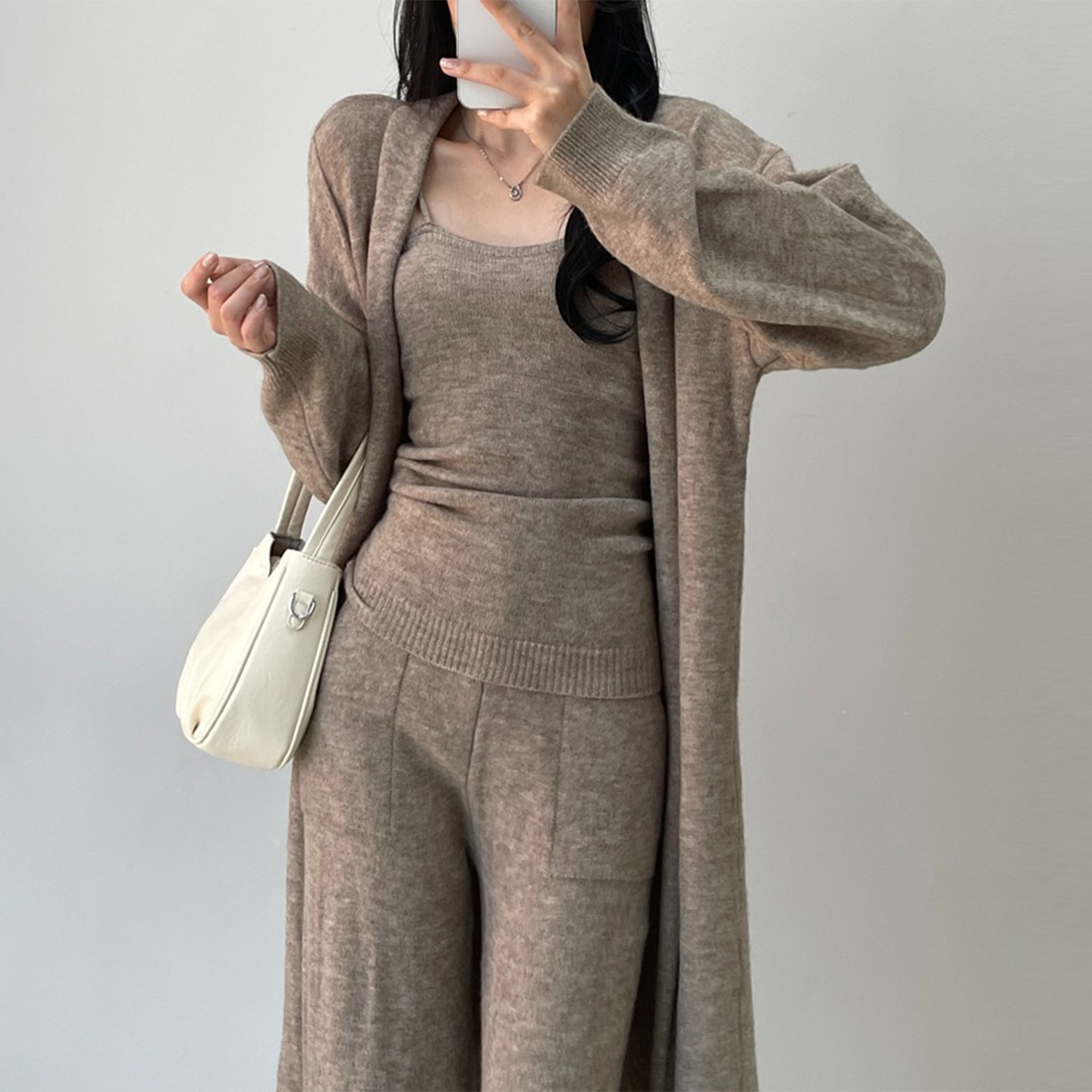 时尚套装修身打底针织吊带2025秋季中长款毛衣外套休闲长裤三件套