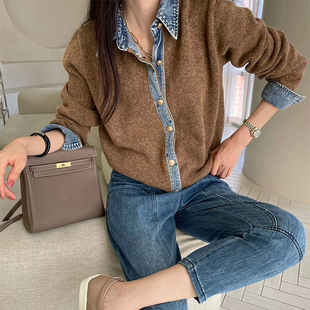 设计感牛仔拼接假两件毛衣外套女2025秋季新款软糯针织开衫上衣