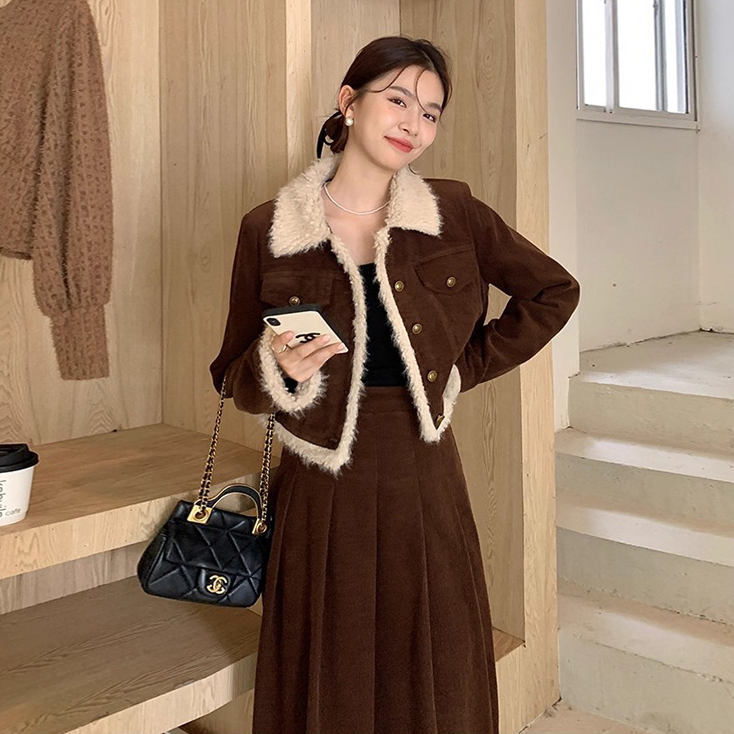 时尚套装拼接毛毛小香风短款外套女2025冬季新款高腰百褶裙半身裙,女装/女士精品,时尚套装,淘宝优惠券,粉丝福利购,淘宝优惠卷