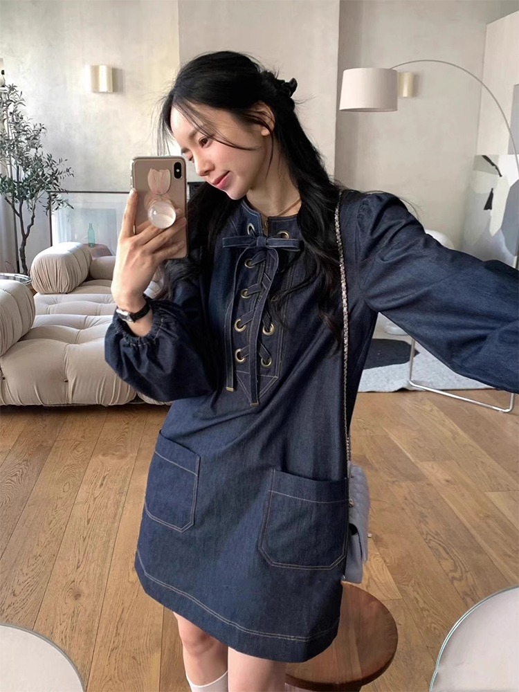 小众设计交叉绑带明线牛仔连衣裙