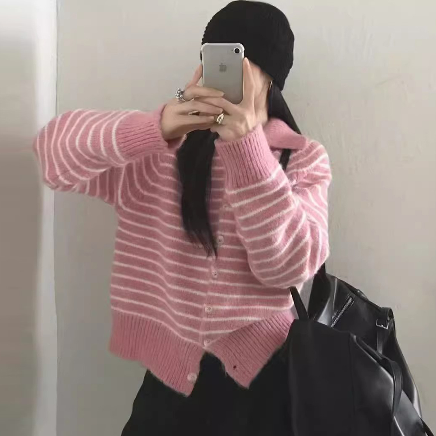 甜美小排扣条纹针织开衫毛衣外套