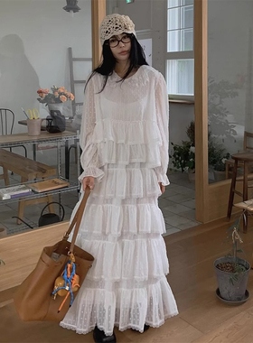 韩国chic春季甜美温柔风刺绣波点宽松拼接层次感蛋糕连衣裙长裙女