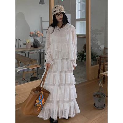 刺绣波点层次感蛋糕连衣裙长裙