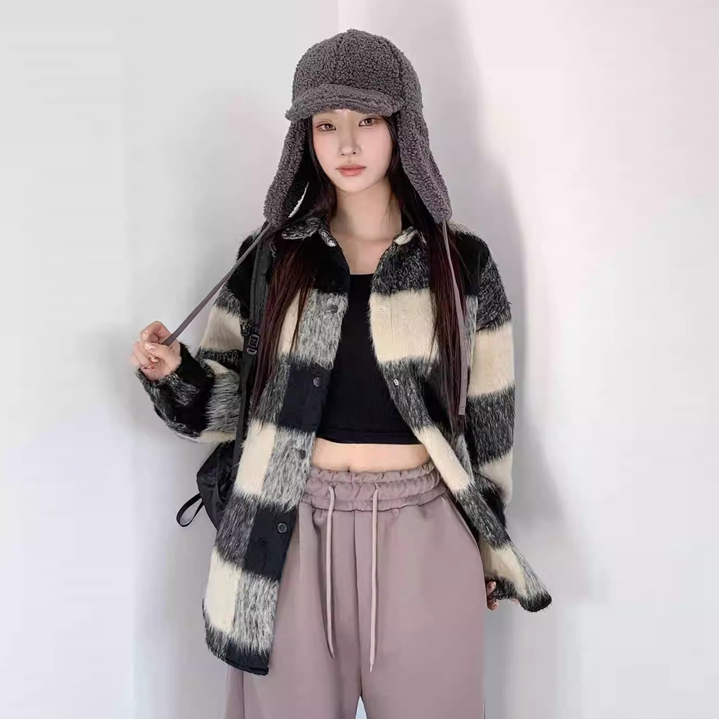 复古撞色百搭加厚格子呢子衬衫外套女2025冬季韩系中长款毛呢衬衣