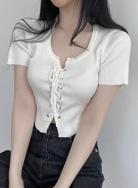 小众交叉系带白色短袖针织衫女夏季新款修身显瘦短款露脐T恤上衣