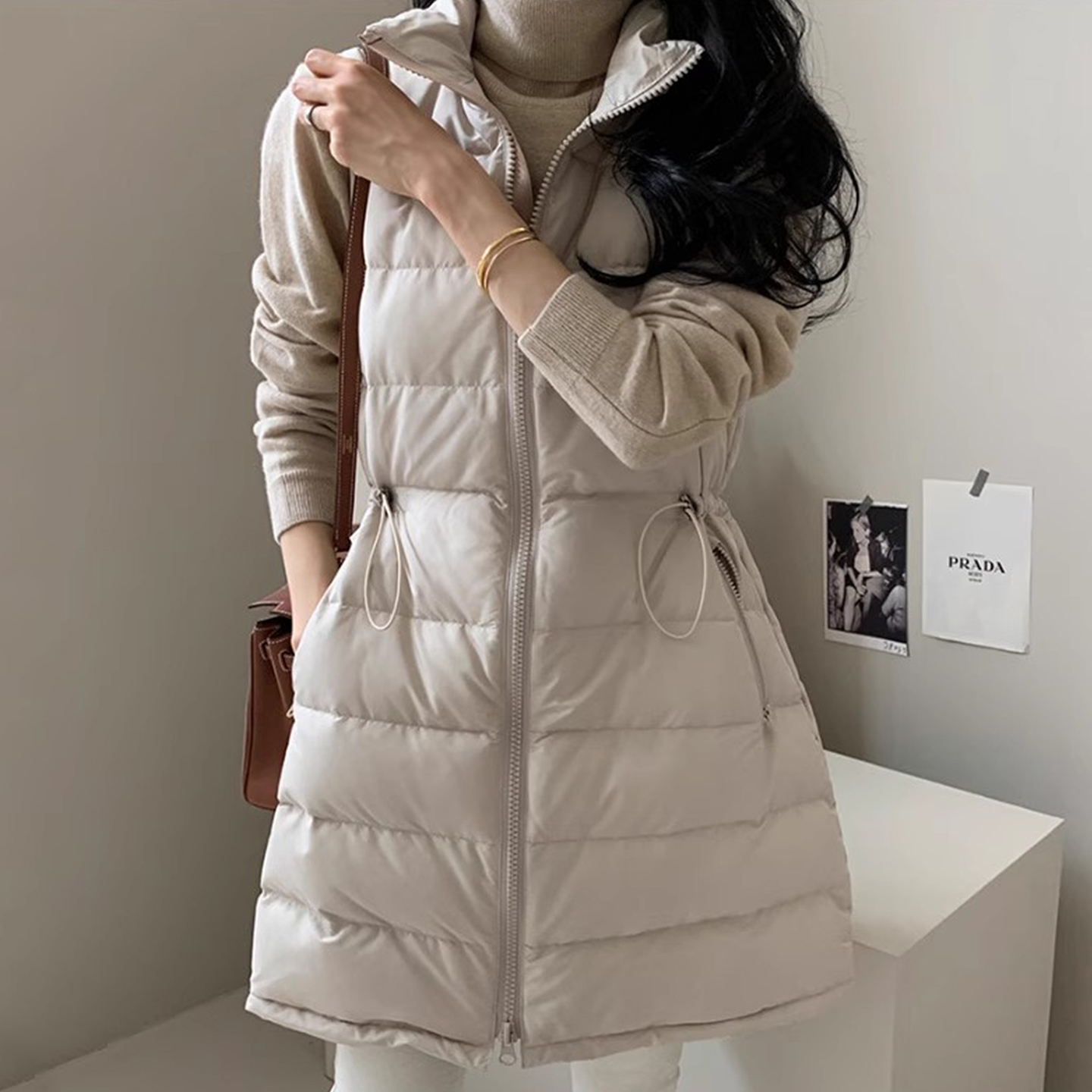 优雅立领夹棉无袖棉服马甲外套