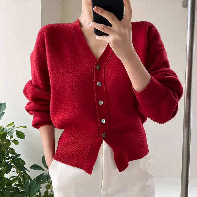 韩国chic秋季极简主义V领单排扣宽松休闲百搭长袖针织毛衣外套女,女装/女士精品,毛针织衫,淘宝优惠券,粉丝福利购,淘宝优惠卷