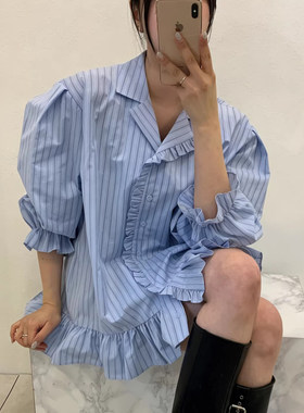 宽松小个子条纹衬衫连衣裙短裙女