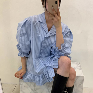 韩国东大门小众设计感木耳边拼接宽松小个子条纹衬衫连衣裙短裙女