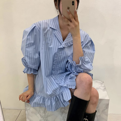 宽松小个子条纹衬衫连衣裙短裙女