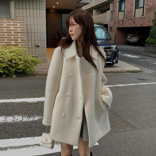 高级感双排扣白色呢子大衣外套女2025冬季新款宽松小个子毛呢上衣