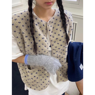 可爱减龄撞色爱心提花羊羔毛马甲外套女2025冬季新款宽松棉服上衣