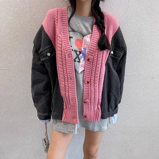 个性 新款 宽松针织上衣 牛仔外套女2025秋季 设计感撞色拼接麻花长袖