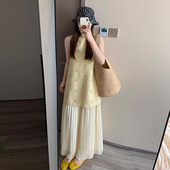 良良家复古洋气重工蝴蝶结钉珠背心连衣裙女夏季 拼接百褶长裙 新款