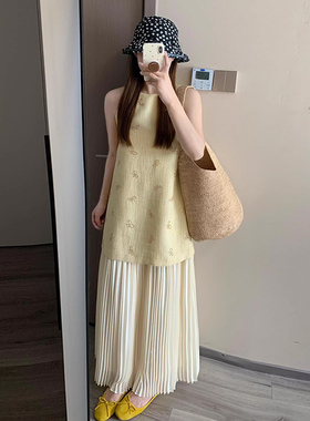 良良家复古洋气重工蝴蝶结钉珠背心连衣裙女夏季新款拼接百褶长裙
