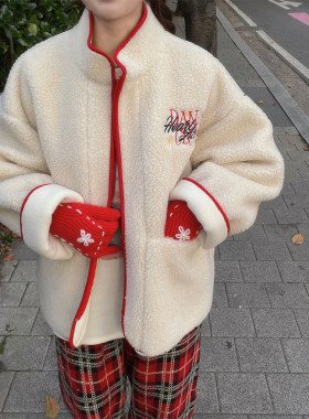 复古字母刺绣羊羔毛棉服外套女