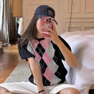 减龄百搭短袖 良良家学院风撞色菱格软糯针织衫 法式 女夏季 上衣 新款