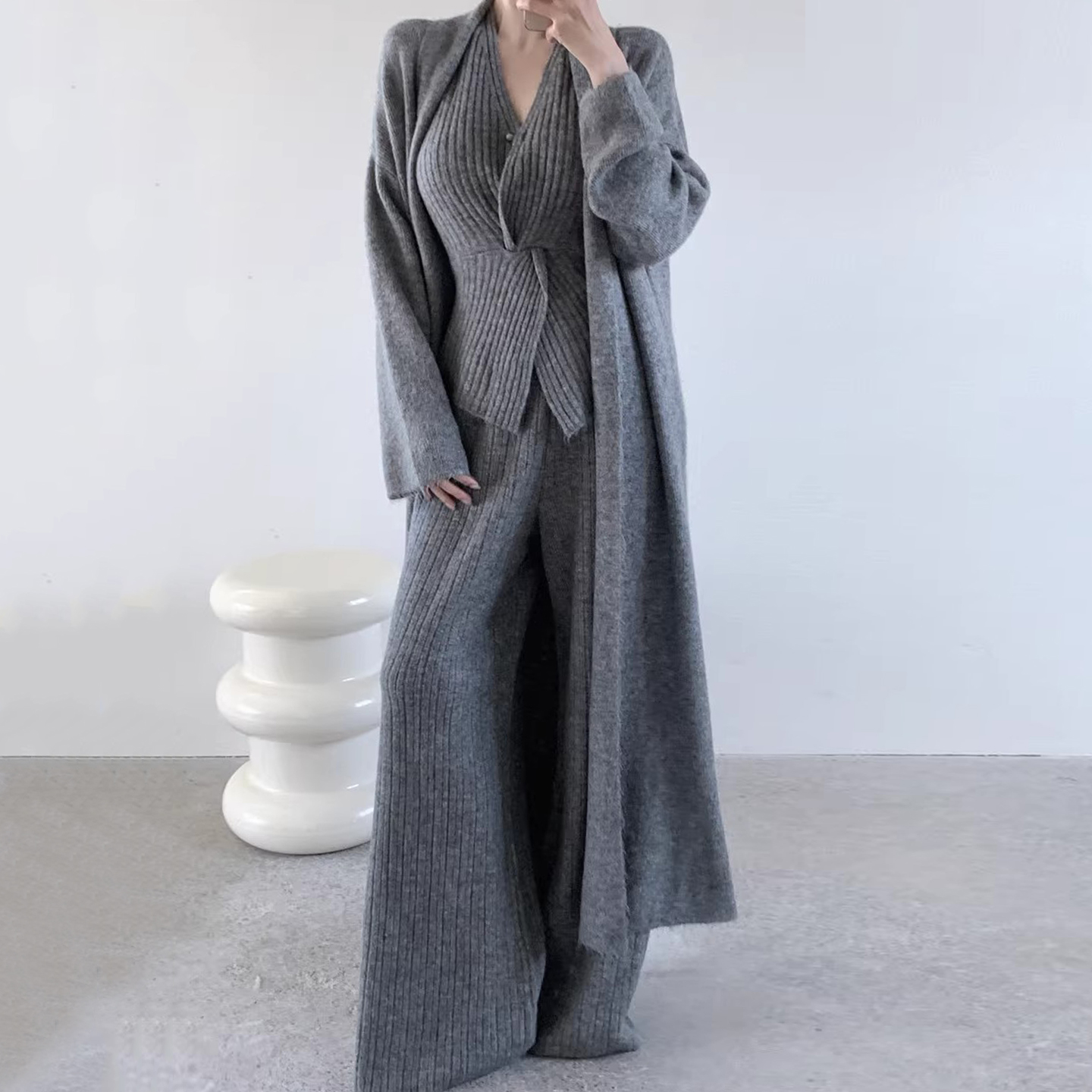 扭结背心长款毛衣外套针织长裤