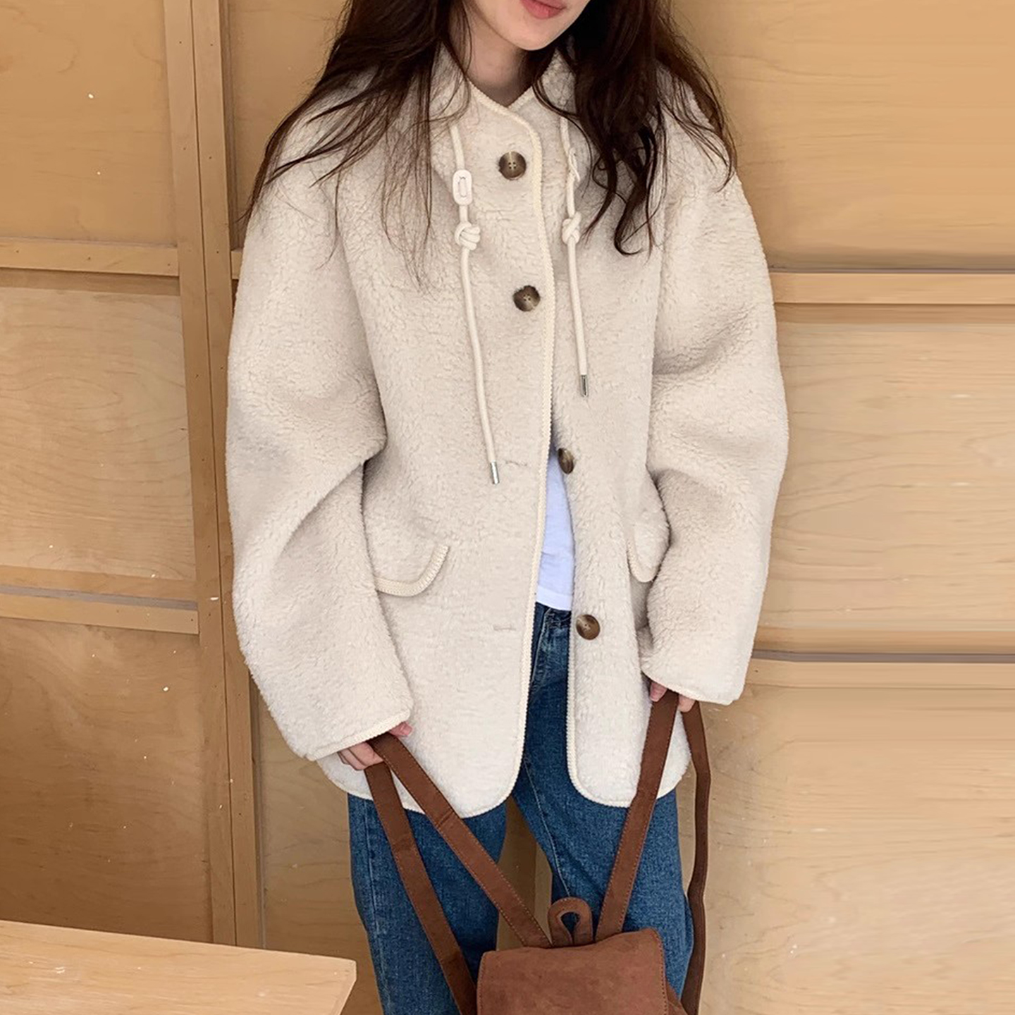 小众皮毛一体抽绳连帽羊羔毛外套女2025冬季新款加厚保暖棉服上衣