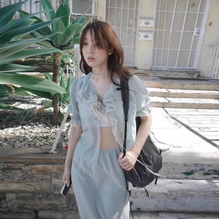 女夏季 衬衫 高腰半身裙两件套 小众系带荷叶边蕾丝泡泡袖 良良家法式