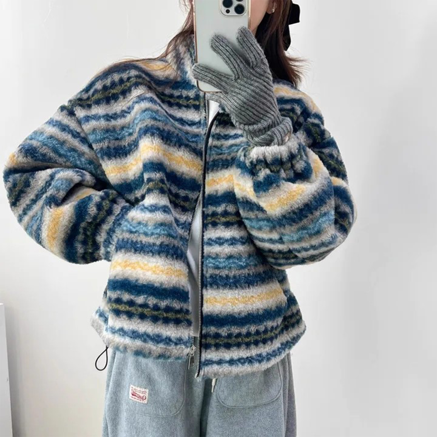 复古立领条纹皮毛一体保暖短外套