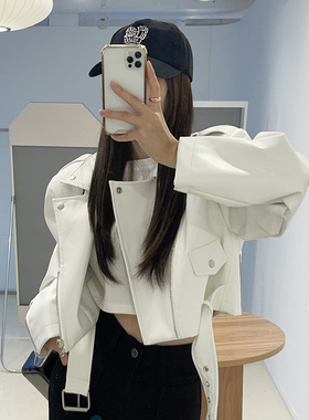 韩国chic早秋港风复古西装领大口袋系带收腰短款机车PU皮衣外套女