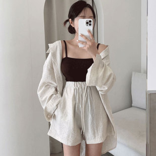 高腰系带阔腿短裤 韩国chic夏季 简约百搭翻领单排扣防晒亚麻衬衫