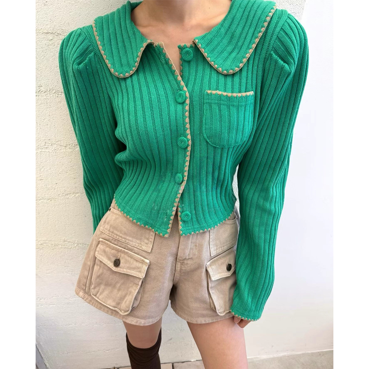 修身显瘦长袖坑条针织衫上衣