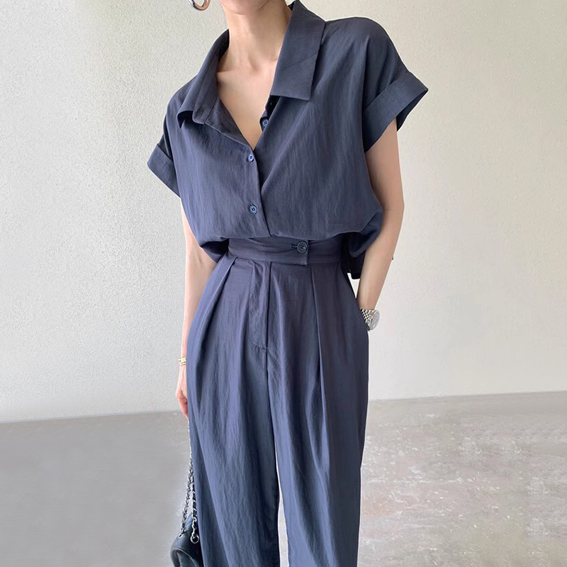 良良家宽松卷边短袖衬衫女夏季新款小众高级感压褶休闲裤长裤套装