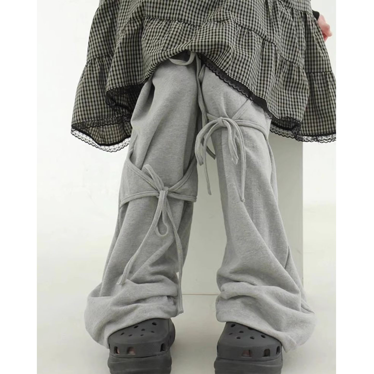 个性拼接系带蝴蝶结休闲裤长裤