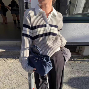 韩国chic秋冬复古减龄polo领坑条宽松百搭休闲长袖 条纹针织毛衣女